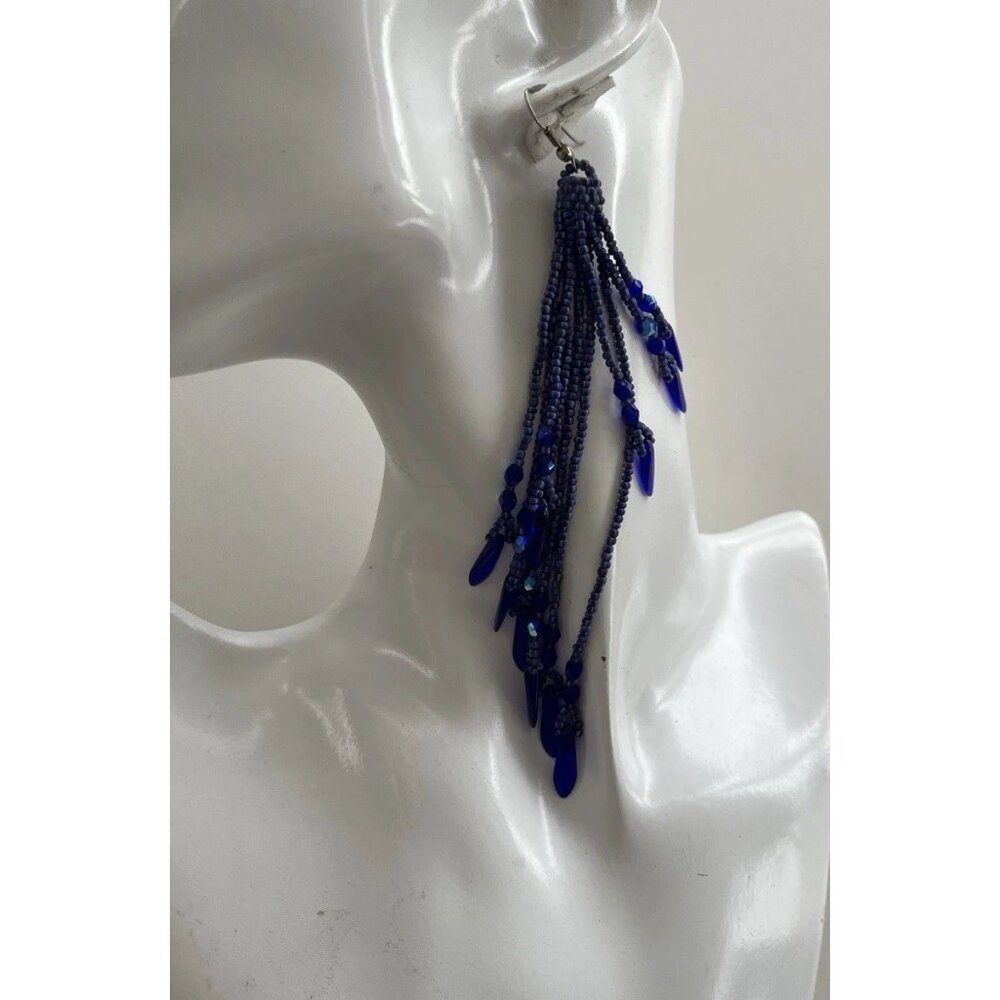 Vintage Boho Native Dark Blue Seed Glass Beaded Earrings Fringe Tassel Long 5.5”